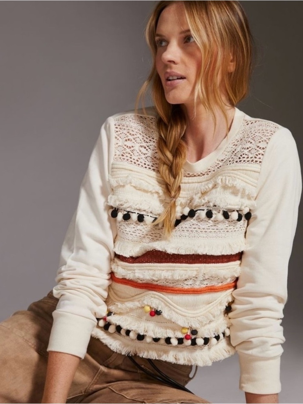 Anthropologie $158 Forever That Girl Fringed Pompom Cream Sweatshirt Size S